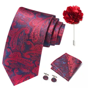 Conjunto de corbata roja azul paisley pañuelo gemelos para hombre traje formal boda