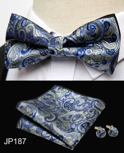 Blue paisley bow tie pocket square and cufflinks set for men wedding formal party suit.