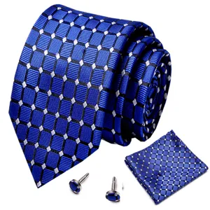 Blauwe geometrische stropdas pochet en manchetknopen set voor heren zakelijke mode.