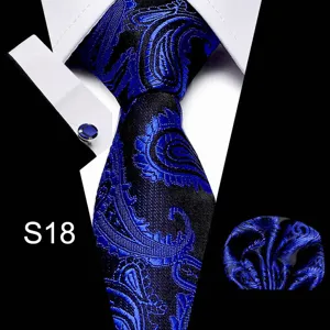 Heren blauwe paisley das set met pochet en manchetknopen formele zakelijke trouwstropdas