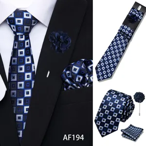 Men's blue geometric tie pocket square lapel pin set for business wedding formal wear