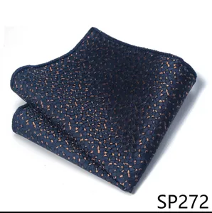 Vista detallada de pañuelo de bolsillo azul oscuro para hombre con lunares de cobre, elegante.