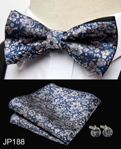 Men floral jacquard bow tie pocket square cufflinks set wedding business formal suit accessory
