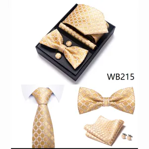 Hombres negocios boda corbata jacquard a cuadros oro pajarita pañuelo gemelos de regalo