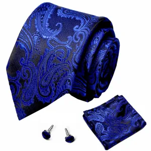 Heren blauwe paisley stropdas set inclusief pochet en bijpassende manchetknopen voor formele mode.