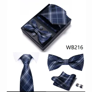 Set de regalo de corbata de cuadros azules pañuelo y gemelos para boda de hombre.