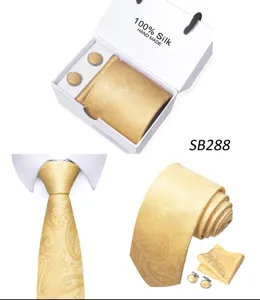 Luxe gouden zijden heren stropdas set met manchetknopen en pochet voor zakelijke bruiloft.