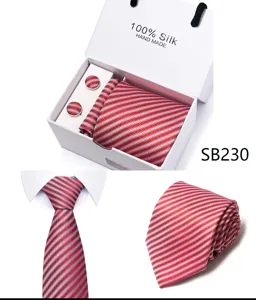 Rood gestreepte zijden das geschenkset met manchetknopen en pochet detail overzicht.