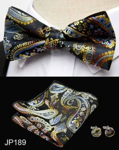 Men Paisley Bow Tie Pocket Square Cufflinks Set Wedding Business Formal Party Accessories