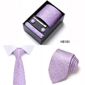 Men purple jacquard polyester tie set with cufflinks pocket square for business formal wear.