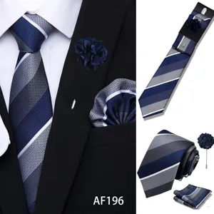 Men business diagonal striped tie set with pocket square and lapel flower for wedding party.