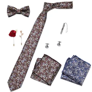 Heren bloemen jacquard stropdas pochet manchetknopen broche set gedetailleerd overzicht