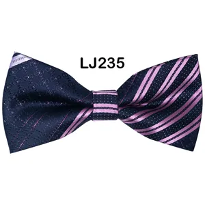 Men's bow tie detail, navy blue jacquard and pink striped pattern, elegant formal wear accessory.