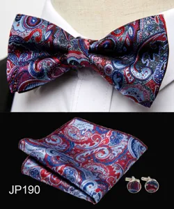 Detail view of men paisley bow tie pocket square and cufflinks set fabric texture close up.