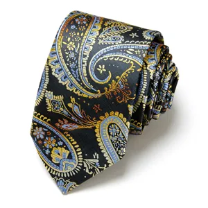 Men's paisley jacquard necktie, black tie with gold blue floral patterns for business wedding wear.