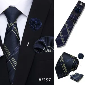 Men's Navy Blue Diagonal Striped Tie Set with Pocket Square and Brooch Pin for Business Wedding