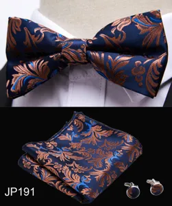 Men's navy blue floral jacquard bow tie pocket square cufflinks set formal wedding wear