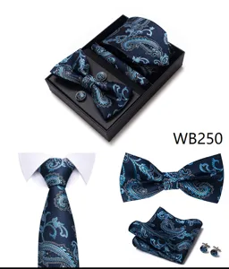 Set regalo corbata pajarita pañuelo gemelos jacquard cachemira azul hombre detalle
