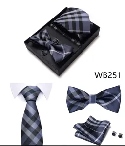 Set de corbata a cuadros azul gris para hombre caja de regalo pañuelo gemelos