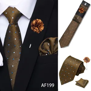 Men's brown polka dot jacquard necktie set with pocket square lapel flower and tie clip.
