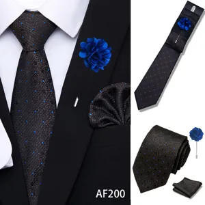 Men business tie set with blue polka dots, jacquard woven arrow necktie, pocket square & pin.