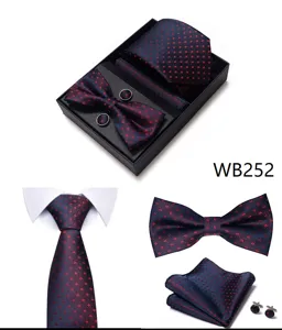 Conjunto corbata hombre lujo detalle, patron jacquard azul oscuro rojo accesorios caja regalo.