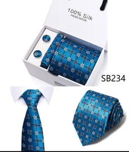 Blauwe zijden stropdas set voor heren met geschenkdoos, elegant geometrisch patroon trouwstropdas.