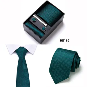 Men business dark green jacquard tie set with cufflinks pocket square and tie clip for formal wear.