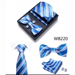 Conjunto de corbata de hombre a rayas azules con pajarita pañuelo y gemelos regalo