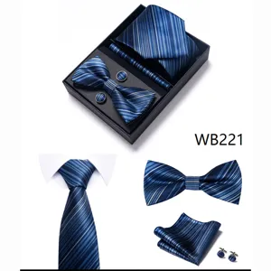 Conjunto de regalo de corbata pajarita pañuelo gemelos a rayas azules para hombre.
