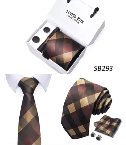 Heren klassieke bruine geruite stropdas set zakdoek manchetknopen cadeauverpakking