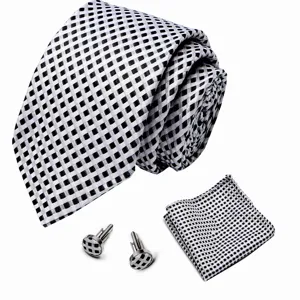Zwart-wit geruite stropdas set met pochet en manchetknopen voor stijlvolle heren.