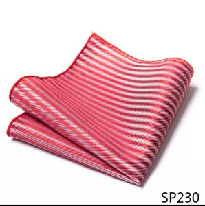 Gedetailleerd overzicht van rood-witte gestreepte herenpochet voor formele pakken.
