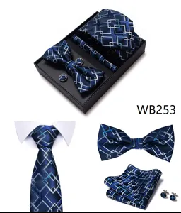 Set de regalo corbata pañuelo gemelos cuadros azules hombre boda elegante de lujo