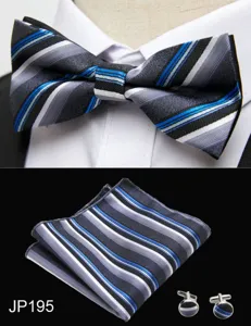 Close-up detail of classic striped bow tie, pocket square, and cufflinks set for men.
