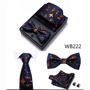Conjunto de corbata pajarita pañuelo y gemelos de hombre boda negocios azul naranja.
