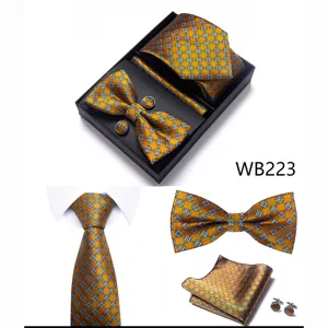 Set corbata pajarita pañuelo gemelos jacquard oro caja de regalo vista detallada.