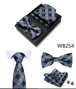 Conjunto corbata hombre boda negocios cuadros jacquard azul traje pajarita pañuelo bolsillo