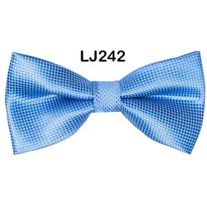 Blue checkered bow tie close-up, premium polyester fabric with fine jacquard texture.