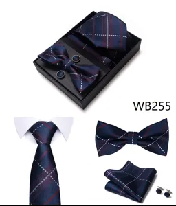 Conjunto de regalo de corbata pañuelo gemelos con estampado de cuadros jacquard hombre