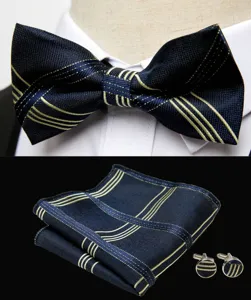 Men's navy blue jacquard woven silk bow tie pocket square and cufflinks set for wedding business.