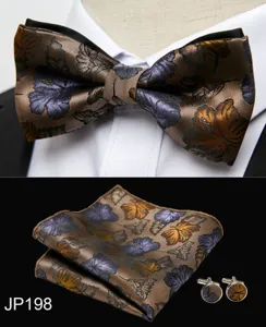 Mens jacquard bow tie pocket square cufflinks set for wedding business formalwear party