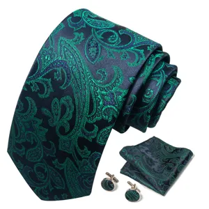 Heren donkerblauw groen paisley das pochet manchetknopen set voor formele zakelijk.