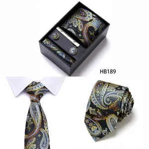 Men's business paisley tie set detail, jacquard polyester silk necktie with accessories.