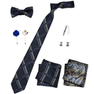 Prachtige heren formele marineblauwe gestreepte stropdas zakdoek manchetknopen set.