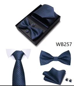 Elegante set de corbata pañuelo gemelos de jacquard cuadros azul marino hombre