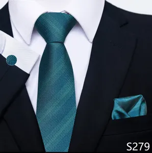 Blauwgroene jacquard stropdas set voor heren met pochet en bijpassende manchetknopen.