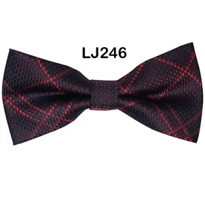 Men's detailed bow tie, dark fabric with red plaid jacquard pattern, elegant party neckwear.