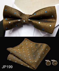 Men's brown polka dot bow tie pocket square cufflinks set formal wedding accessories.