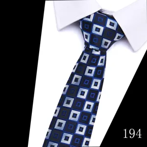Men's formal business necktie with blue and black geometric jacquard square pattern for wedding.